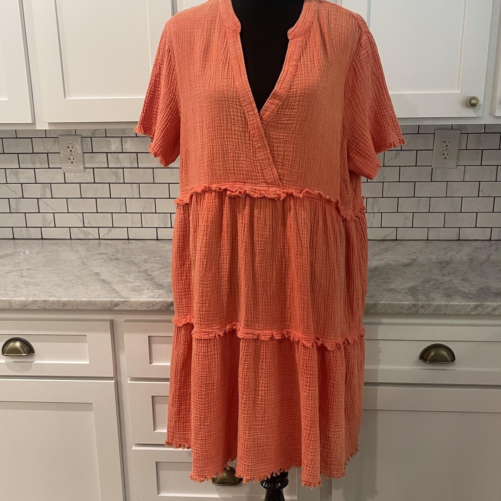 Tiered V-Neck Gauze Dress in Coral